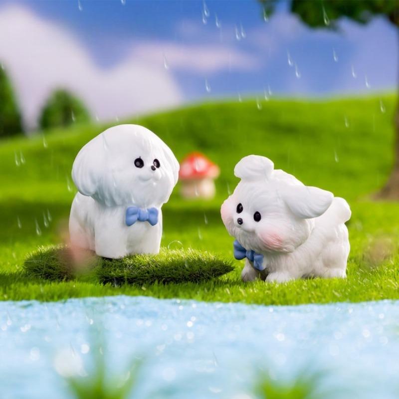 Cute White Running Puppy 3D Resin Figurine Pet Dog Bichon Frise Desktop Decoration Garden Moss Miniatures Sence DIY Decoration
