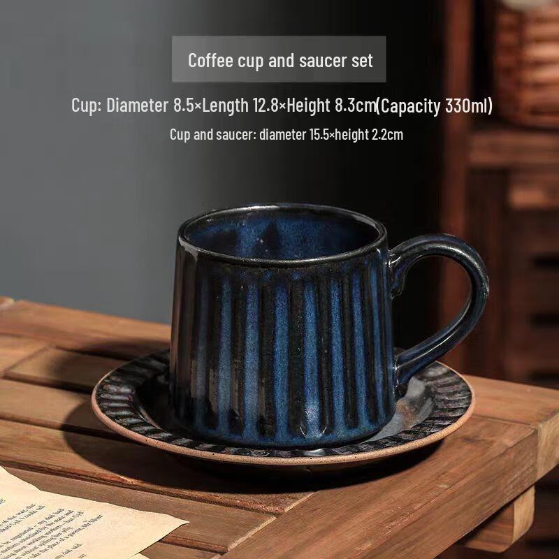 HANDUNYOU Retro Striped Ceramic Coffee Cup and Saucer Set