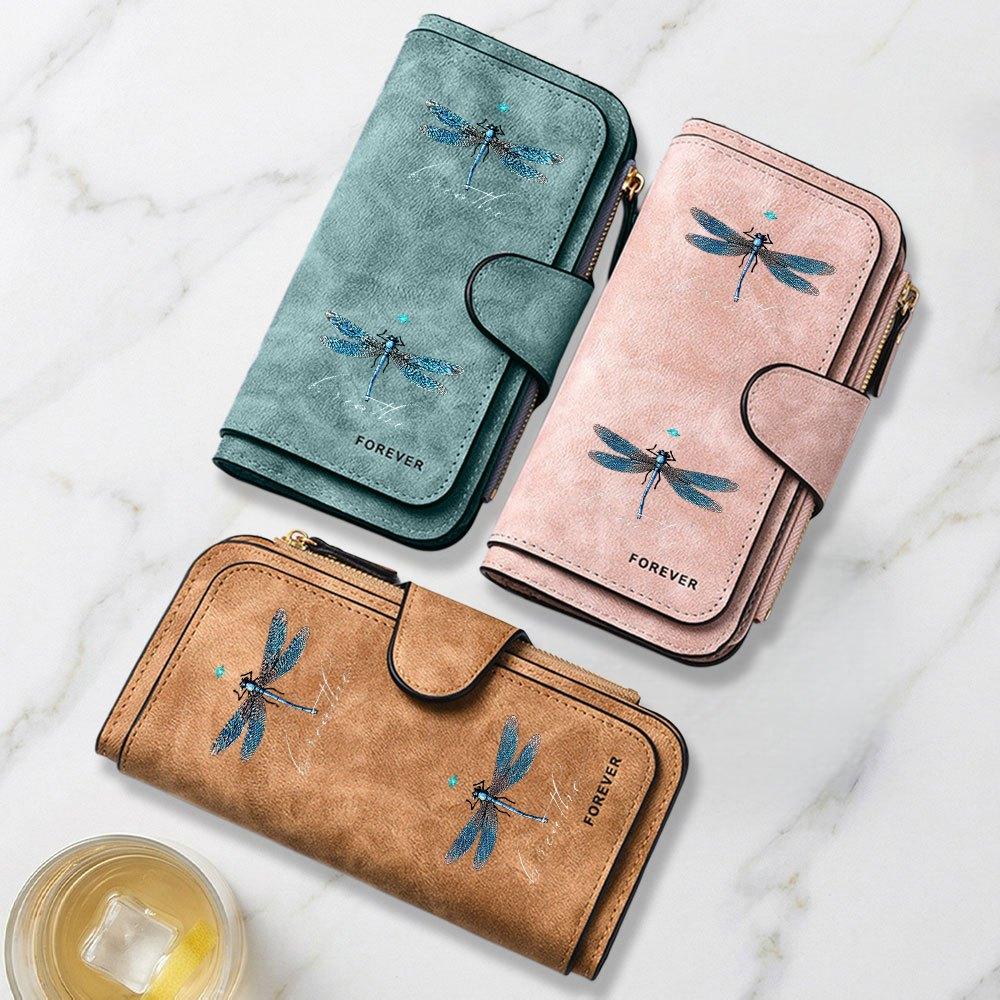 Fashionable long wallet with blue dragonfly and snowflake print design eye catching multifunctional portable coin purse with clasp large capacity
