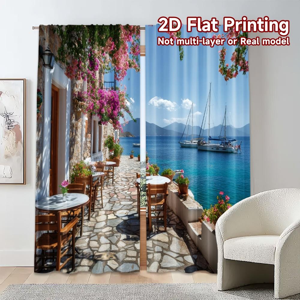 Set Of 2 Modern Flat Printing Curtains Without Rod Seaside Serenity Window Treatment Versatile Durable Polyester Curtain Made