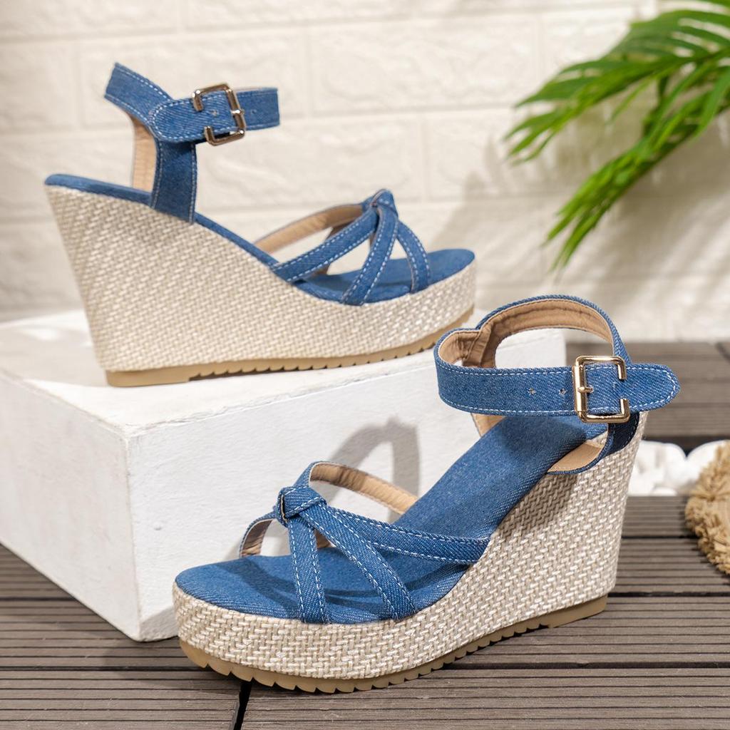 Sandali con zeppa e cinturino alla caviglia per donna 2024 Sandali estivi con plateau spesso Mujer Denim Tacchi super alti Sandali da gladiatore Donna