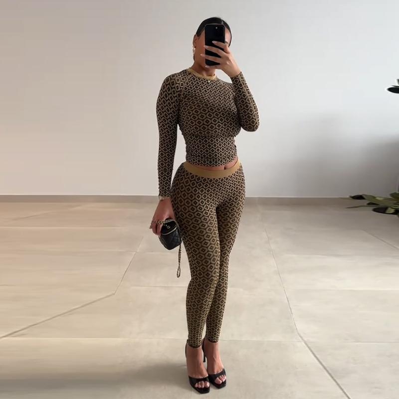 Printed Round Neck Top Pants Set Women's Sexy Hottie Long Sleeve Copper Coin Printed T-shirt Slim Casual Trousers New Fashion