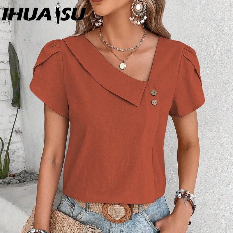 IHUASU Women's Fashion Casual Solid Color Print Short Sleeve V Neck Blouses & Shirts