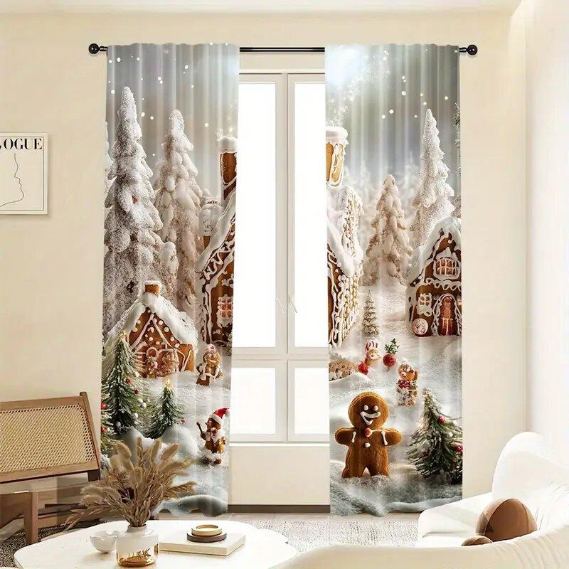 Christmas Curtains Holiday Snow Scene Gingerbread Man Printed Home Decorations Room Curtain Set Of 2 Made Polyester Washable