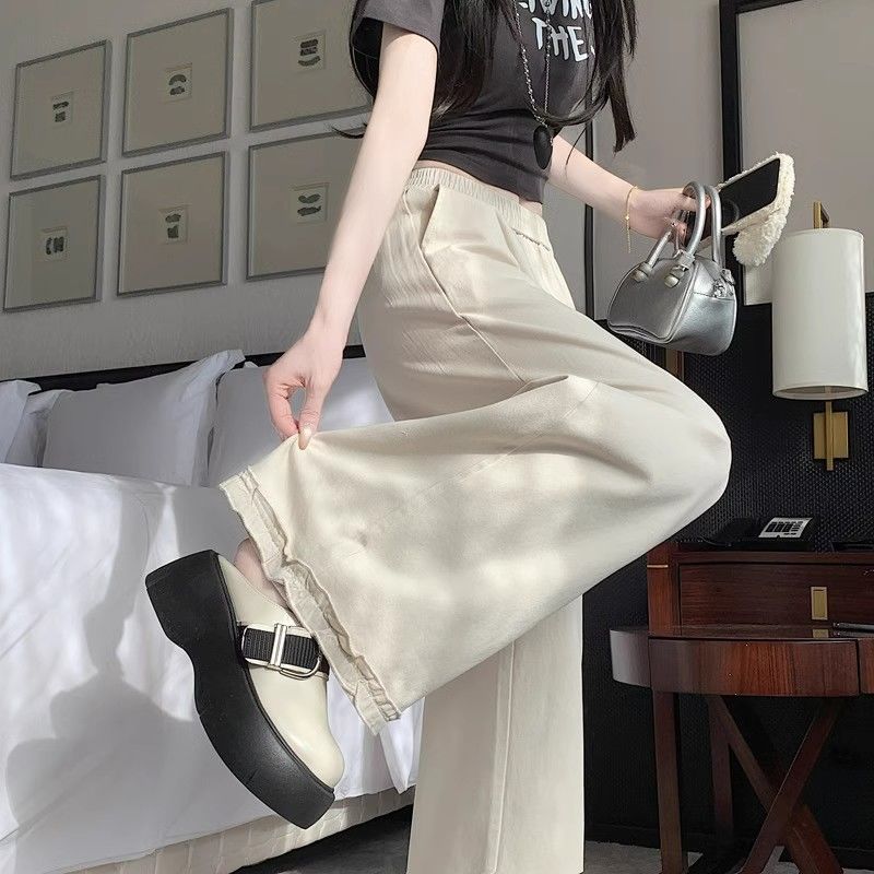 Korean Fashion Lace High Waist Slim Versatile Straight Long Wide Leg Pants for Women Spring/Summer Pear Shape