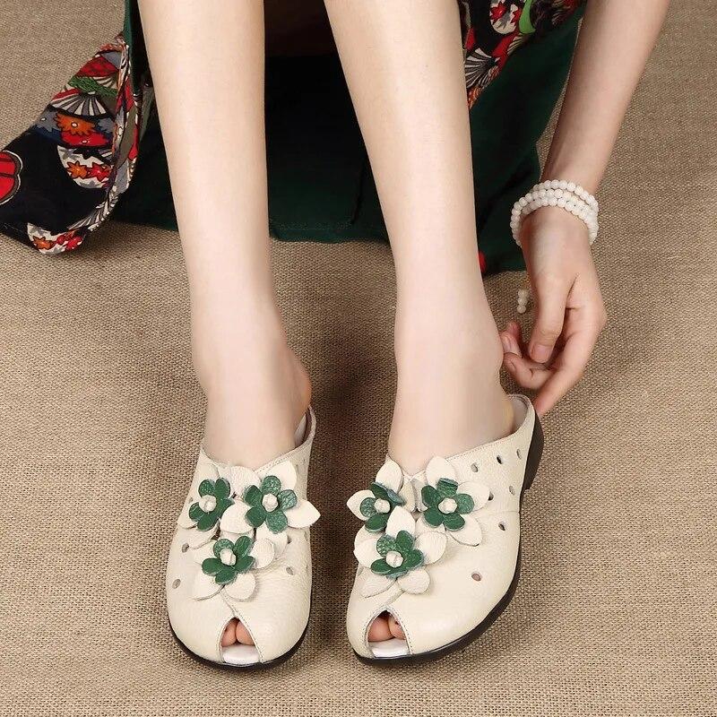 2026 Summer Genuine Leather Shoes Women Sandals Old Beijing Style Flat Shoes Tiny Flowers Shoes Black Red Plus Size 42