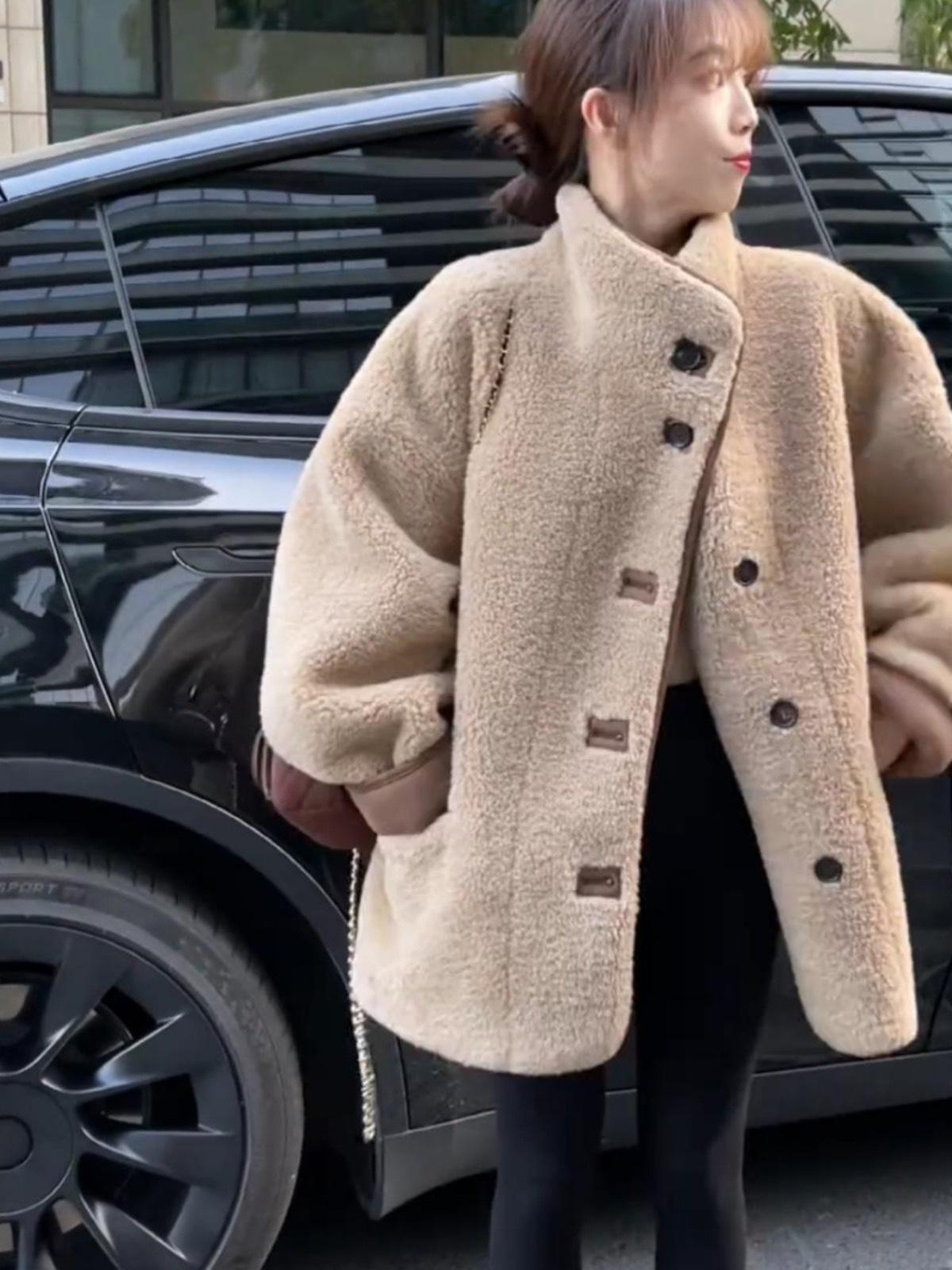 

Stand-up collar fur integrated lamb wool jacket 2025 winter loose casual versatile warm medium and long top XL хакі