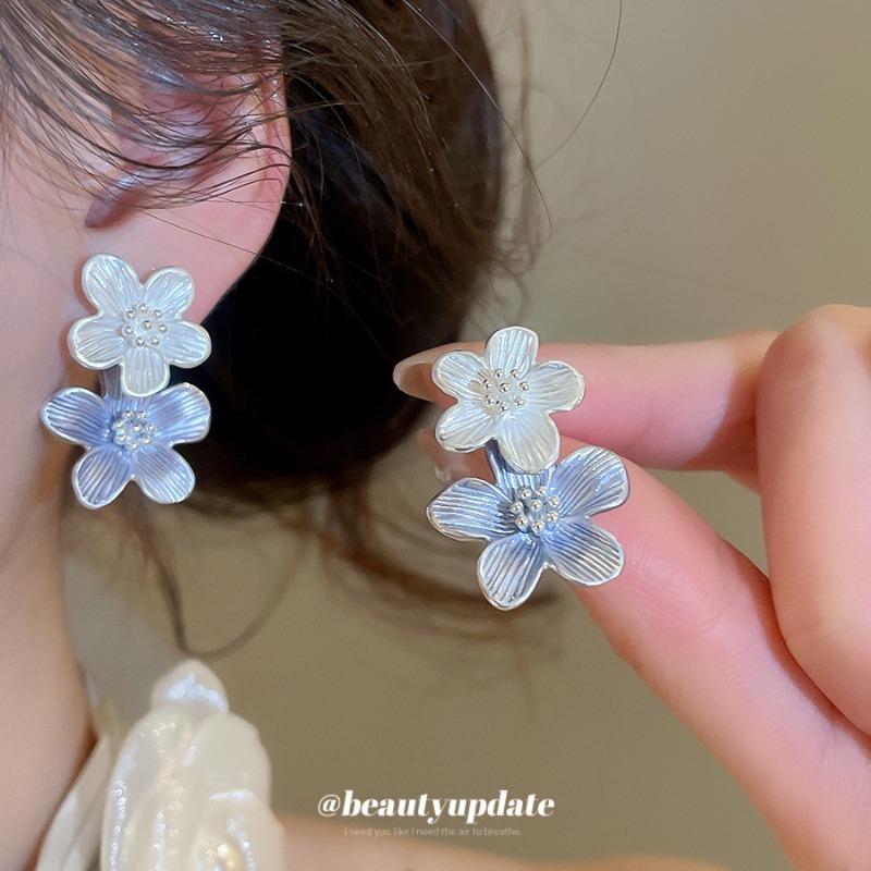Silver Needle Blue Oil Dripping Flower Stud Earrings Elegant and Cool Earrings Light Luxury High-end Earrings Design Sense Niche Women