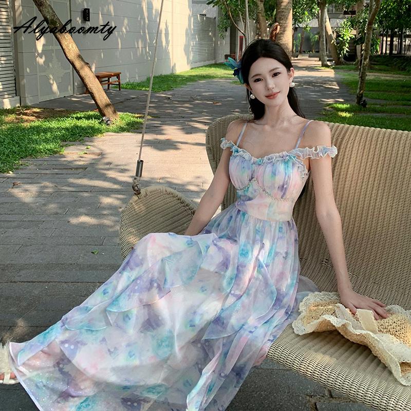 Summer Women Fairy Beach Midi Dress Suspenders Print Romantic Ruffles Holiday Dress Feminine Sweet Chic Sleeveless Dress