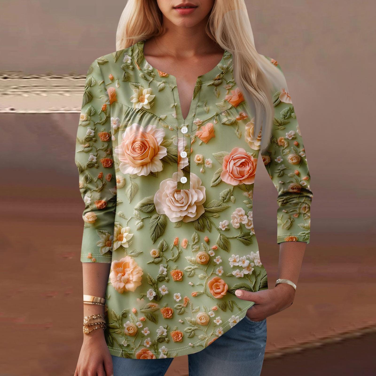 

Женская мода повседневный топ с длинным рукавом и круглым вырезом с цветочным принтом M зелёный