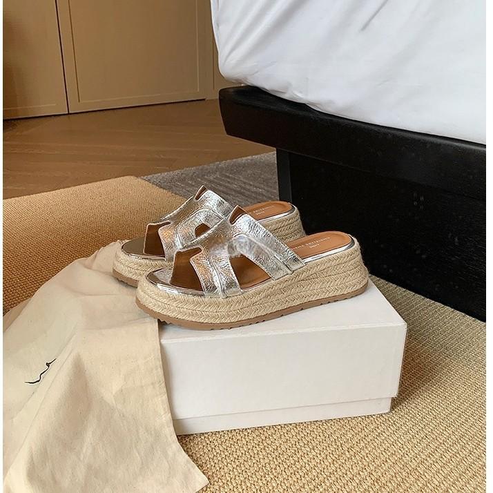 Cowhide version~ Holiday H-type hemp rope woven slippers women's outer wear slope heel thick bottom beach cool slippers summer