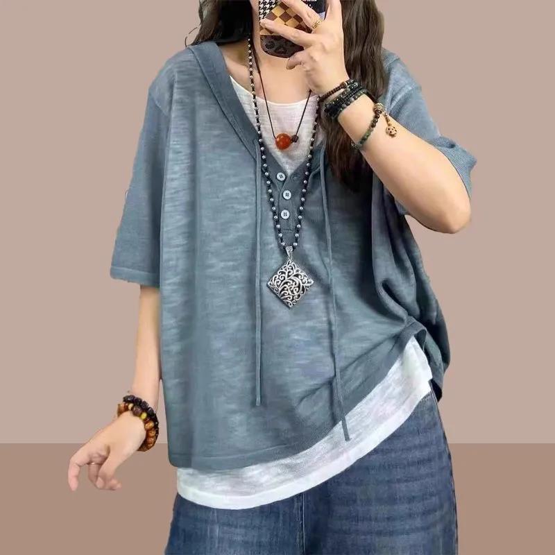 Womens Pink Hooded Drawstring Fake Two Piece Loose Short Sleeve T Shirt