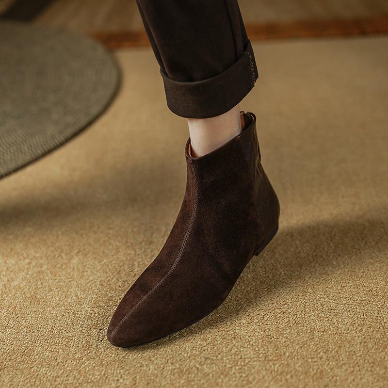 

Мода 2025 НОВЫЕ Осенние Ботильоны Кожа Кид Замша Женская Обувь Острый Носок Молния Современные Ботинки Низкий Каблук Ботинки Челси 34