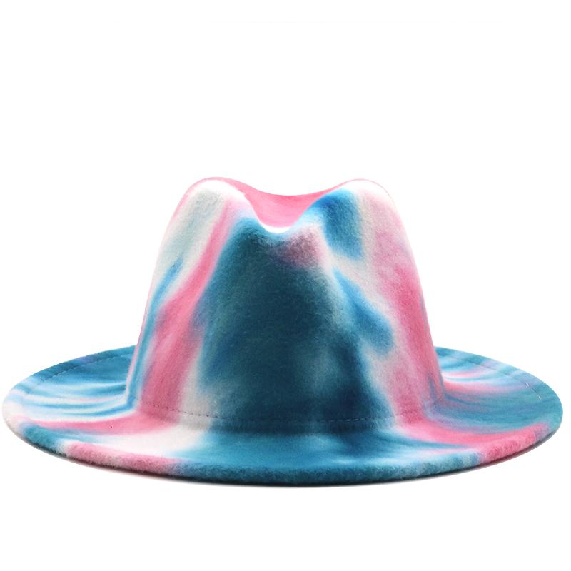 Kapelusze fedora kobiety mężczyźni szerokie rondo Tie Dye jesień zima kobiety kapelusze vintage fascinator wielokolorowy niebieski zielony biały filcowy kapelusz mężczyźni