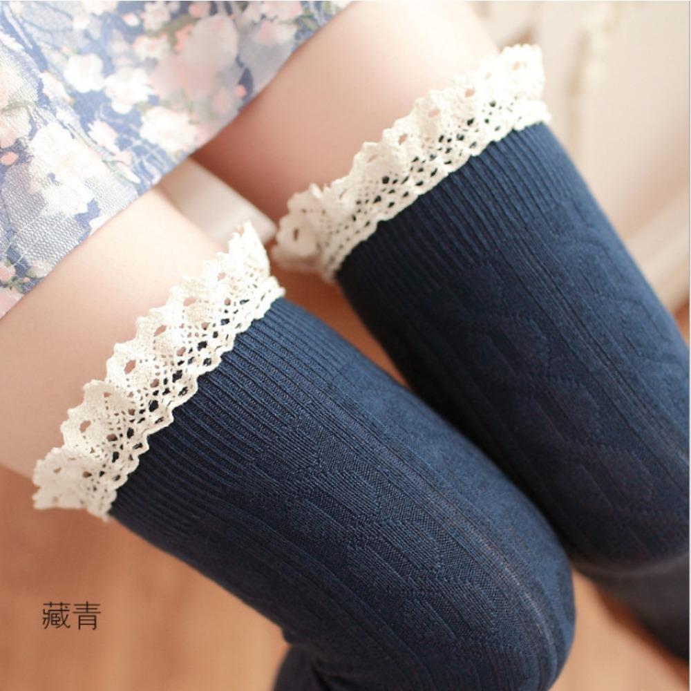 W156 Japanese Lace Knee Socks Thigh Socks Women's College Wind Twist Vertical Strip Cotton Stockings High Stockings