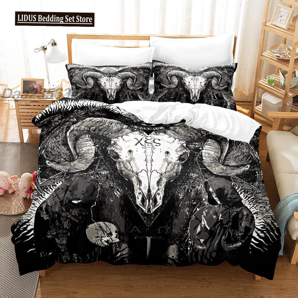 Dark Satanic Duvet Cover Set Satan Goat Inverted Pentagram Skull Bedding Set Full King Size Bed Set Bedroom Comforter Cover Set