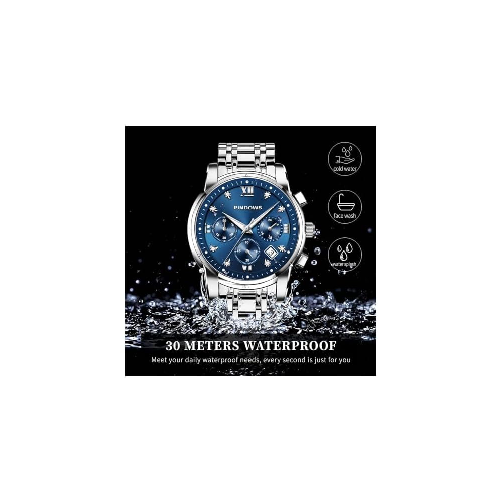 PINDOWS Men's Diamond Business Dress Analog Quartz Watch Waterproof Luminous Date Two-Tone Stainless Steel Band Classic Fashion Watch