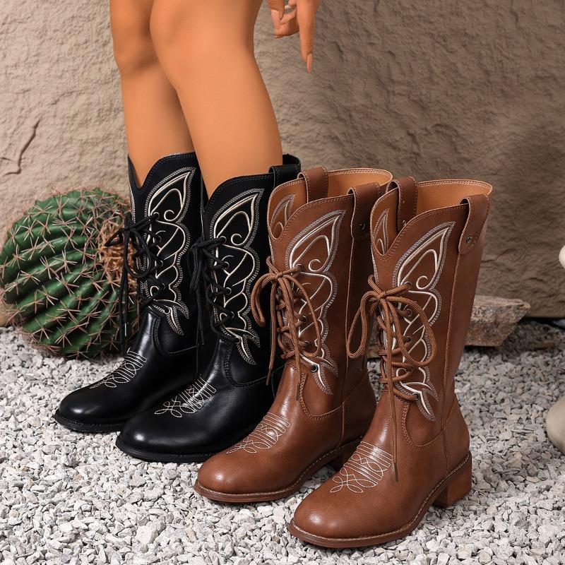 Women's Retro Embroidered Mid-Calf Western Boots, Chunky Heel Lace-Up Riding Boots, British Style Fall Winter Shoes