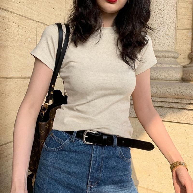 Fashon Sommer Slim Fit Casual T-Shirt Damen Kurzarm Rundhals Damen T-Shirt Tops Uni Schlicht Büro Damen T-Shirts Kleidung 24487