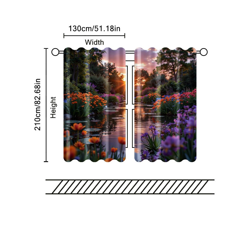 2 Pcs, Filtering Curtains (excluding Rods, Non-movable, Without Batteries) Sunset Flower Sea for Use In Bedrooms and Living