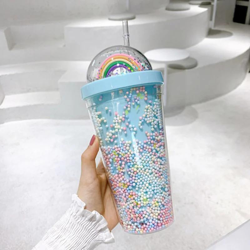 Bottiglia d'Acqua in Plastica Arcobaleno a Doppio Strato con Cannuccia Stile Coreano Tazza Dolce Creativa per Latte Caffè Tazza da Tè Bottiglie d'Acqua