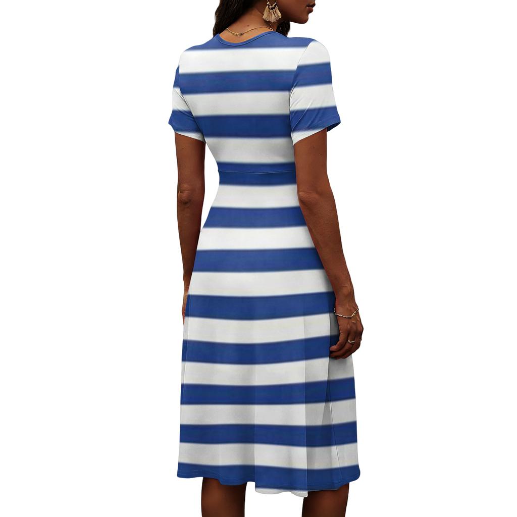 Ladies' Striped Casual Fashion Short Sleeved V-neck Dress