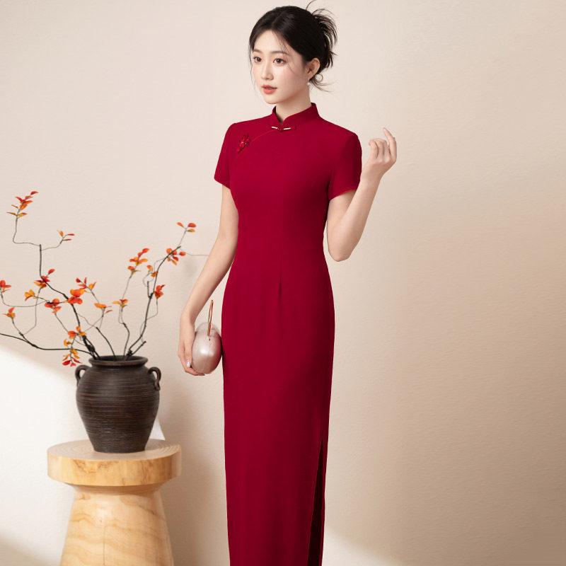 Red National Style New Chinese Long Improved Cheongsam Women's High-end Bridal Toasting Dress Summer