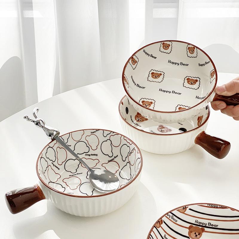 Creative Cartoon Ceramic Handle Baking Bowl Oven Available Cute Household Fruit Salad Plate Bowl Ceramic Plate Chopsticks