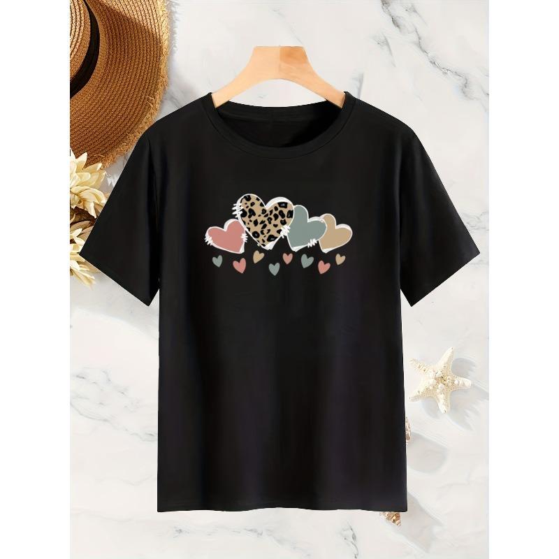 European Size Women'S Leopard Print Heart Pattern Short-Sleeved T-Shirt | Vibrant Color Print, Casual Round Neck, for Spring and Summer, Everyday Wear