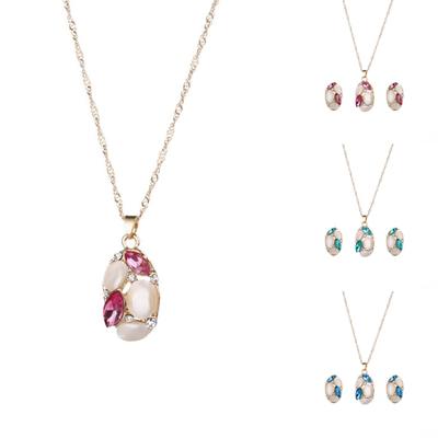 Fashion Women Jewelry Set Oval Opal Drop Pendant Sweater Chain Necklace Earrings