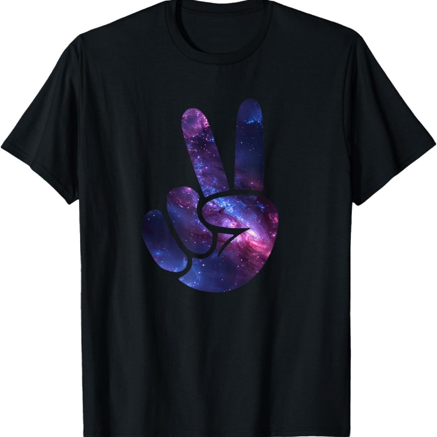 Aesthetic Silhouette Stars Space Galaxy Peace Sign Hand T-Shirt(2) S чёрный