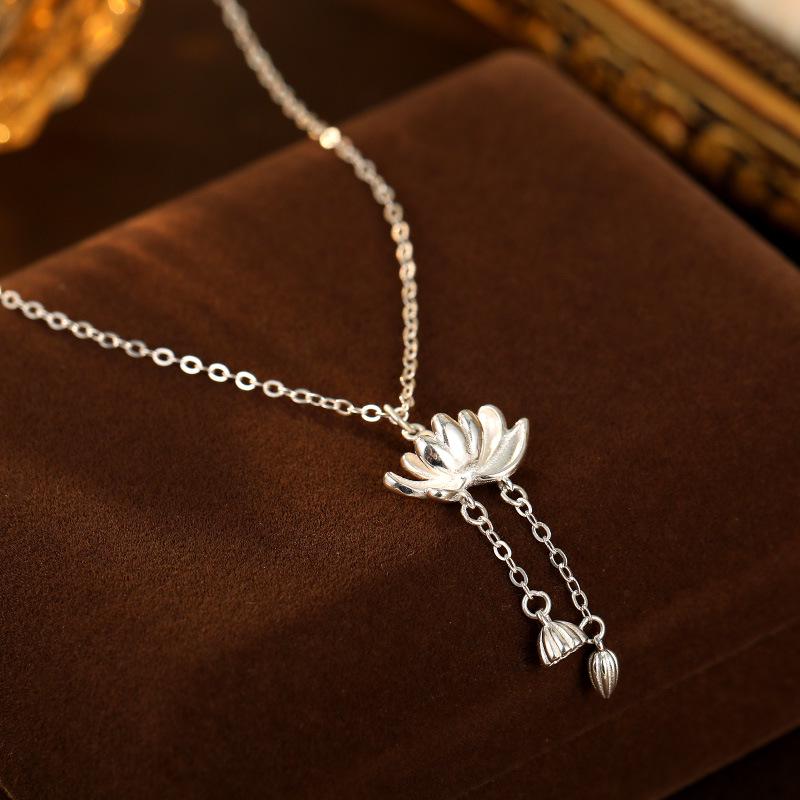 

Серебряное ожерелье-подвеска Banyan Tree S925 с лотосом - Женская цепочка на ключицу в древнем стиле