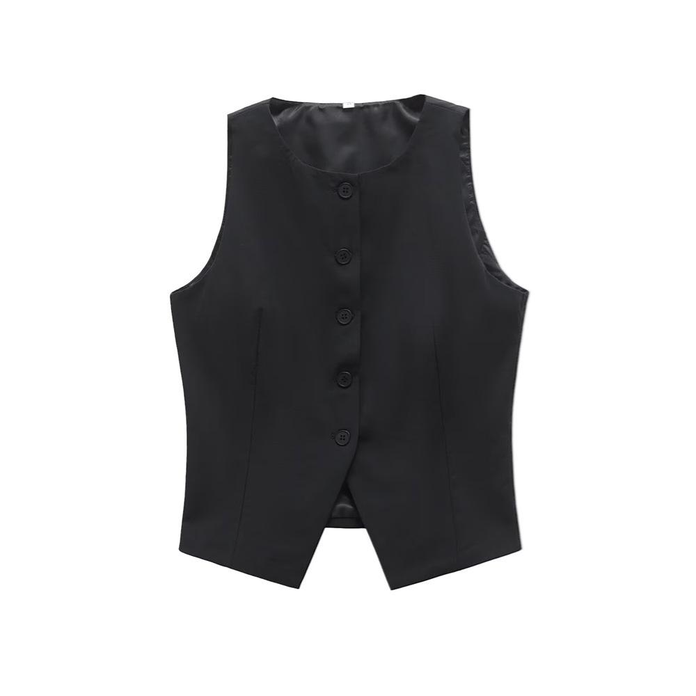 

2025 Spring/Summer Women s Chic Sleeveless Slim Round Neck Vest M чёрный
