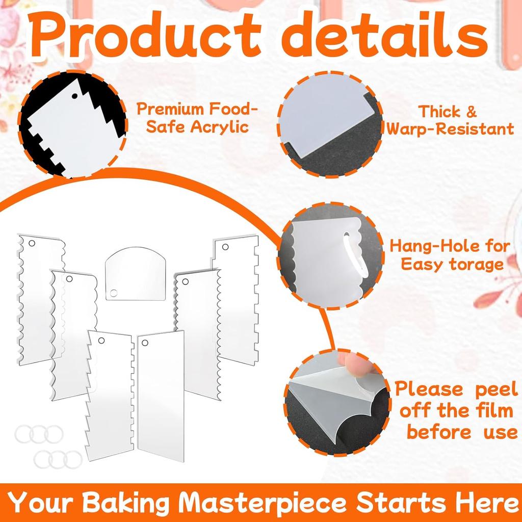 7 PCS Cake Scraper Set, Clear Acrylic Cake Smoother Scraper, Clear Cake Combs, Multi-Shape Edges with Connector Rings, for DIY Icing Frosting
