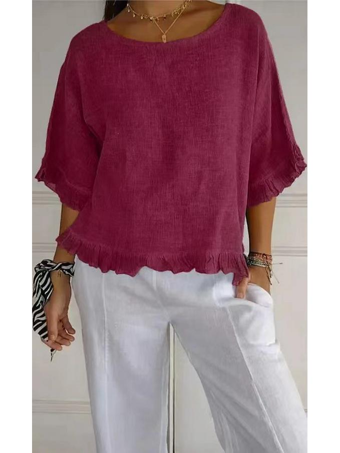 

2026 Women s Cotton Linen Loose Fit Short Sleeve Shirt - European & American Style 5XL вина червоного кольору