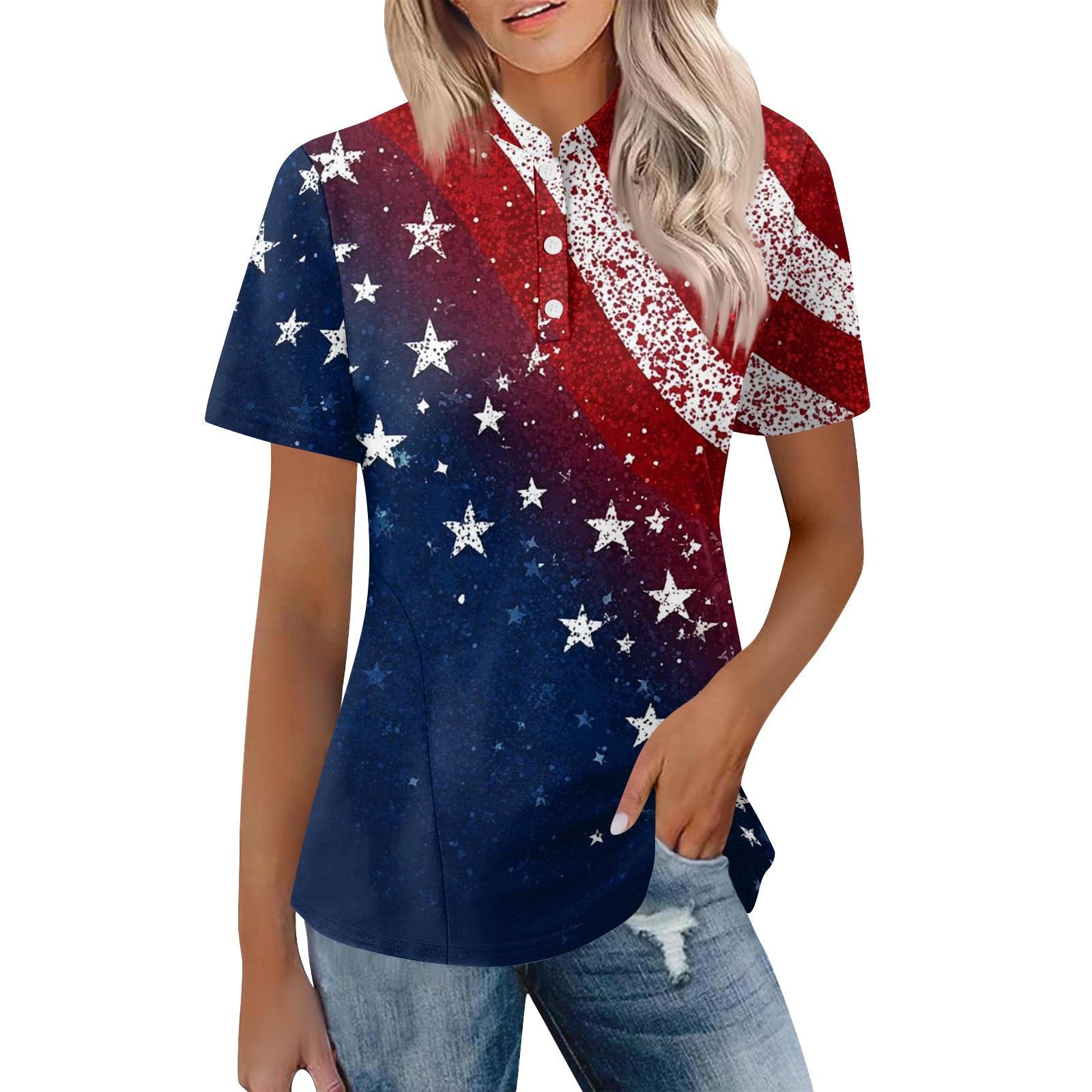 

Women s Casual Polo Shirt Loose Fit Short Sleeve Button Up Top with Graphic Print Statue of Liberty and City Skyline Design L тёмно-синий