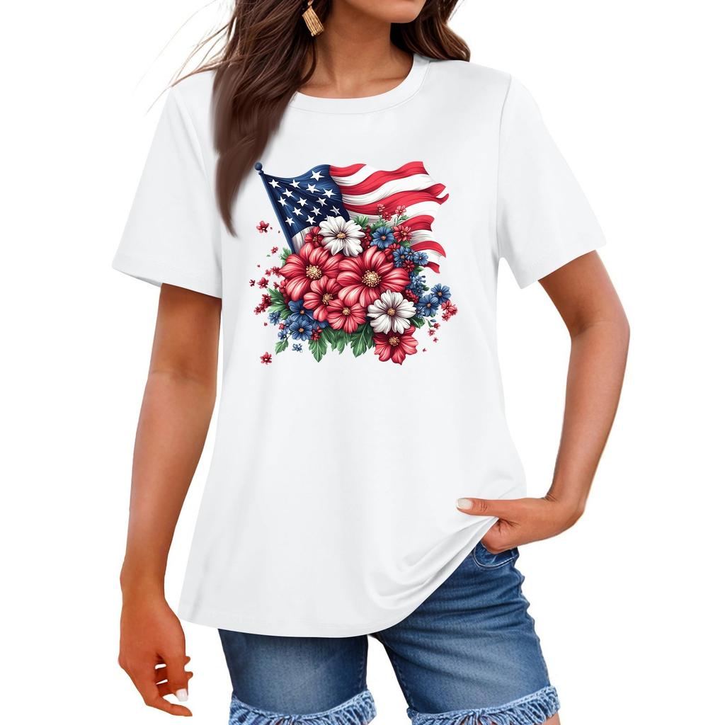 Women's Fashion Independence Day Printed Round Neck Short Sleeved Casual T-shirt Top