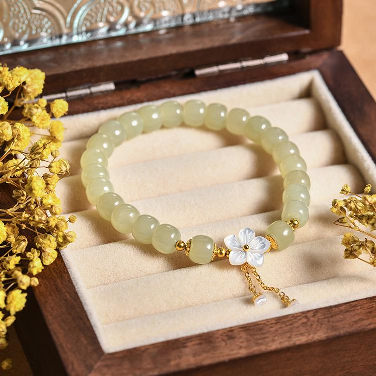 Tichia Hetian Jade  S925 Silver Cherry Blossom Tassel Bracelet S925 Silver