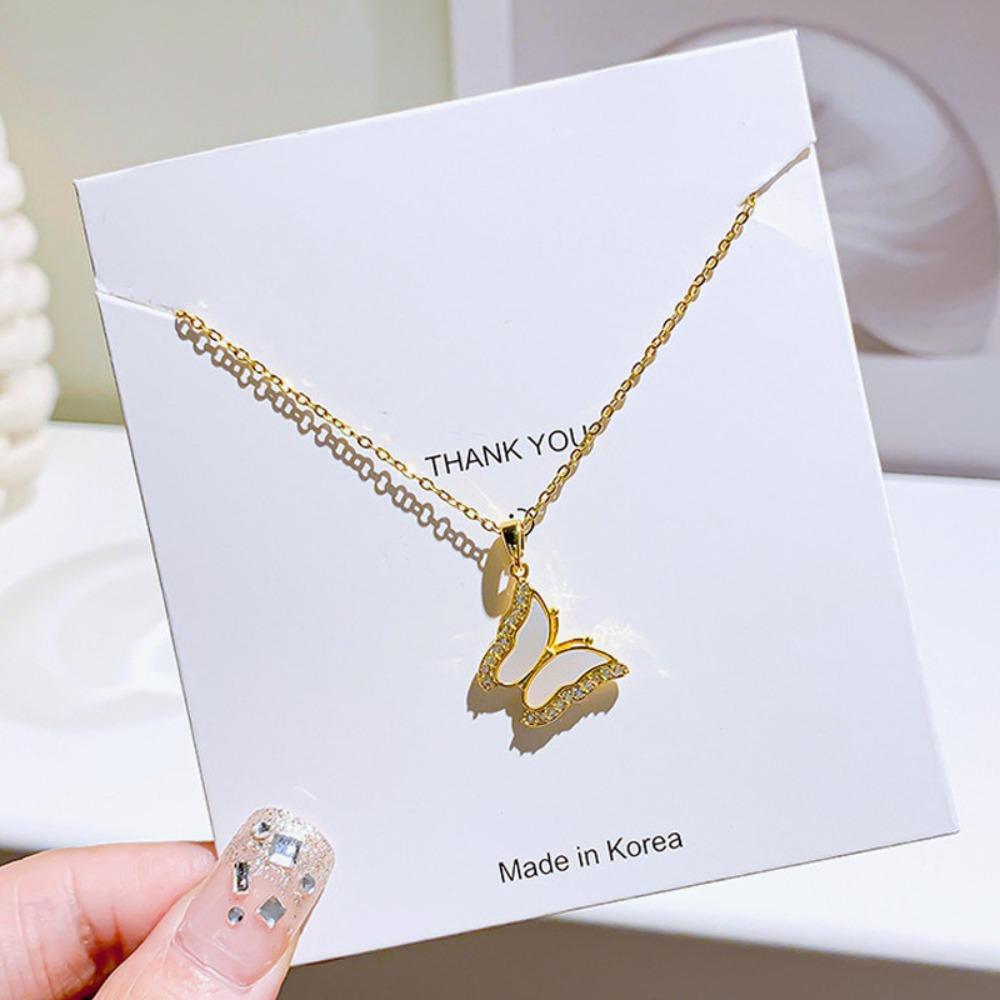 2026 Korean Minimalist White Butterfly Necklace - 18K Gold Plated Zircon Edged Pendant Collarbone Chain for Women Trendy Jewelry