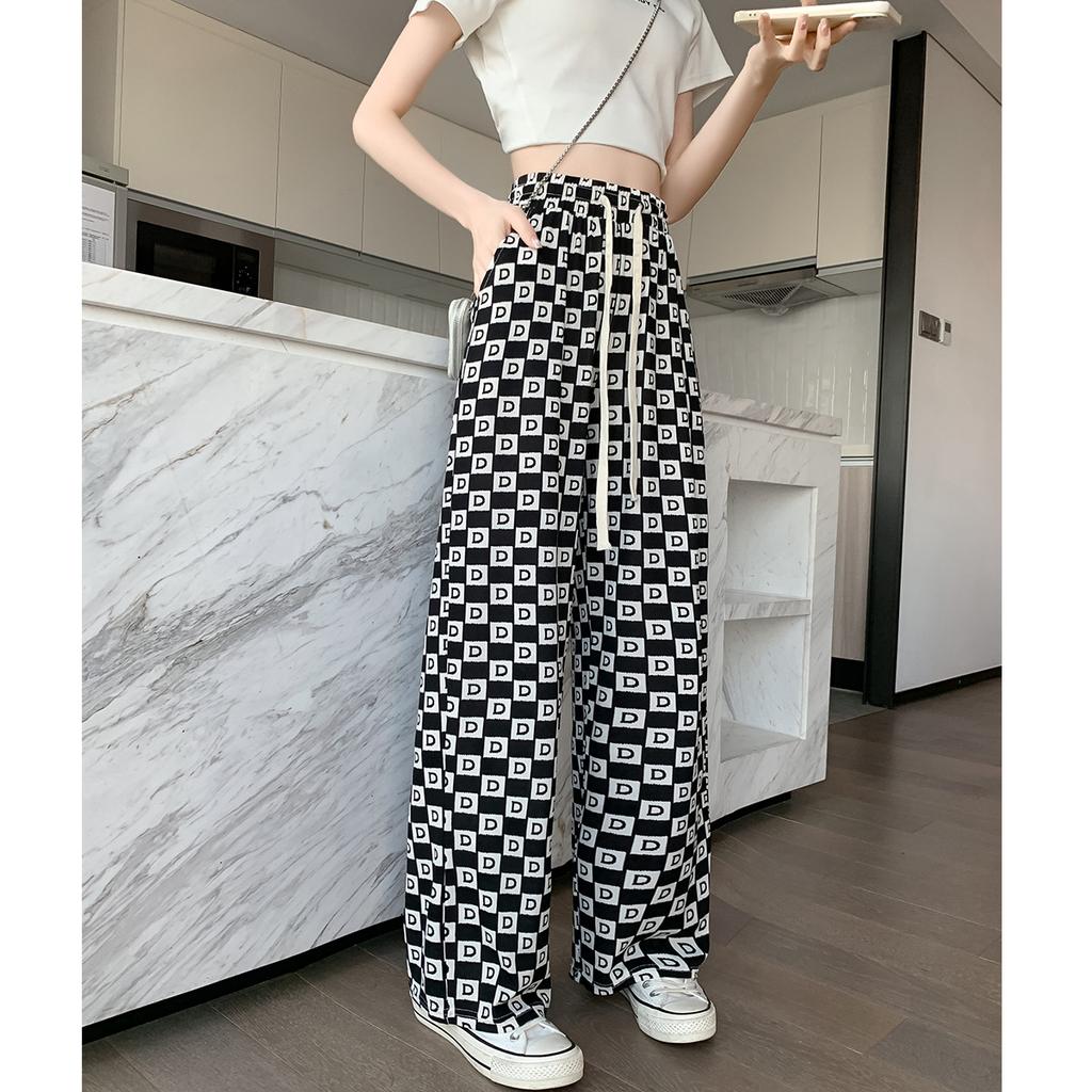 New Narrow Version of Ice Silk Quick-drying Letter Checkerboard Women's Pants High Waist Straight Wide-leg Draped Casual Pants