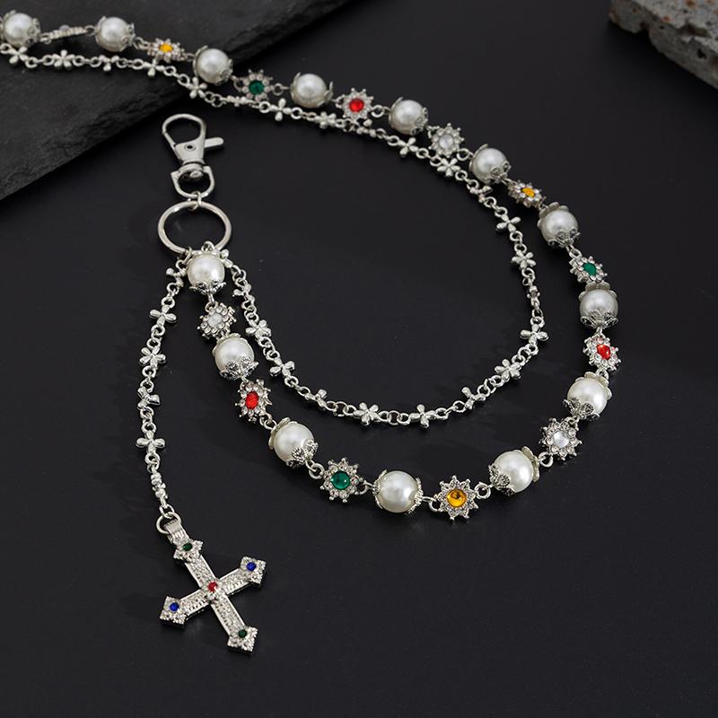 Exquisite Luxury Cross Pendant Imitation Pearl Pants Chain For Men Punk Trousers Chain Hip Hop Jeans Chain Clothing Accessories