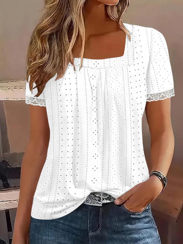 2025 Summer European & American Square Neck Eyelet Jacquard Short Sleeve Women's Top