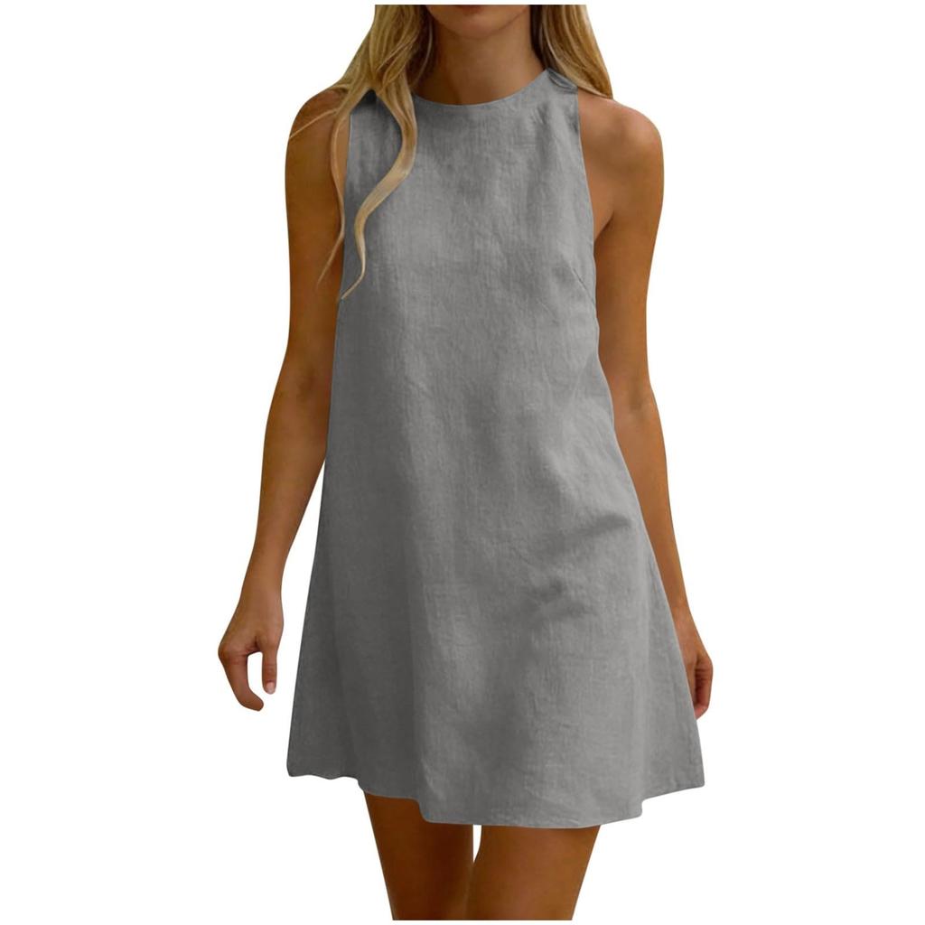Sleeveless Pleated Dress Round Neck Short Dress Casual Vacation Dress Lightweight Summer Dress for Women