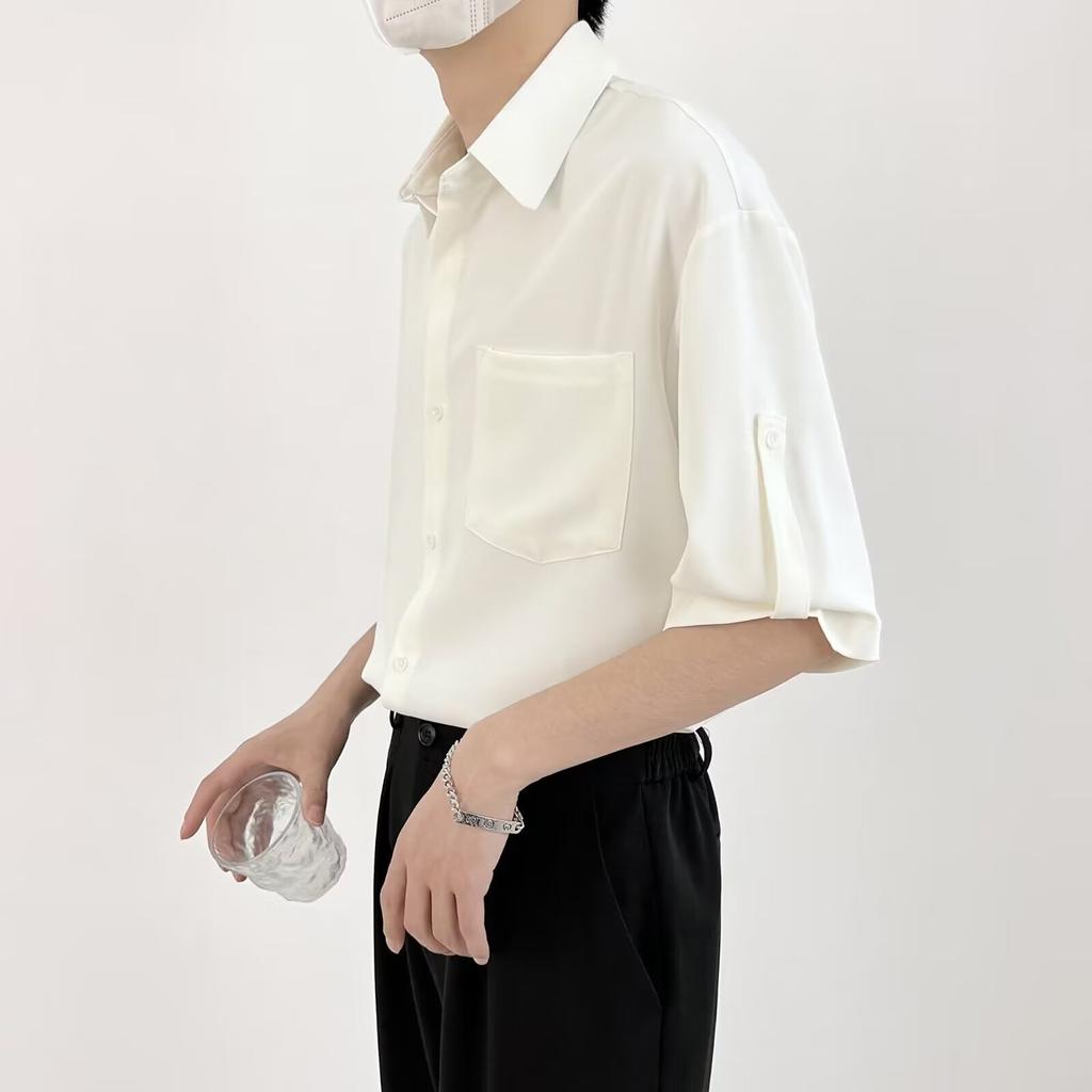 Hanging Five Quarter Sleeve Shirt For Men, Ice Silk Non Ironing Trendy Brand Top, Loose And Versatile Men'S Short Sleeved Shirt, Summer