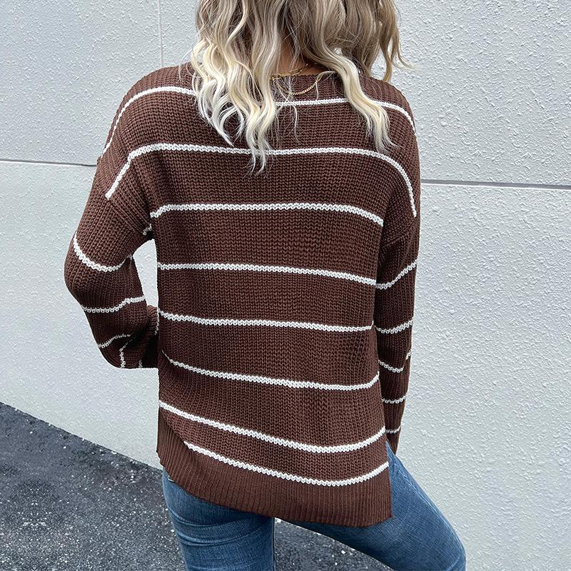 Vintage Fashion Elegant Casual Women's Fall and Winter Women's V-neck Long-sleeved Striped Sweater Women