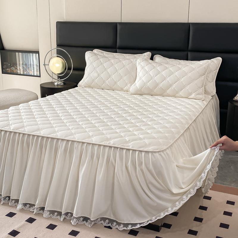 1pc Quilted Bed Skirt Solid Color Bed Cover Lace Style Bedspread Thickened Mattress Protector Roupa De Cama (No Pillowcase)