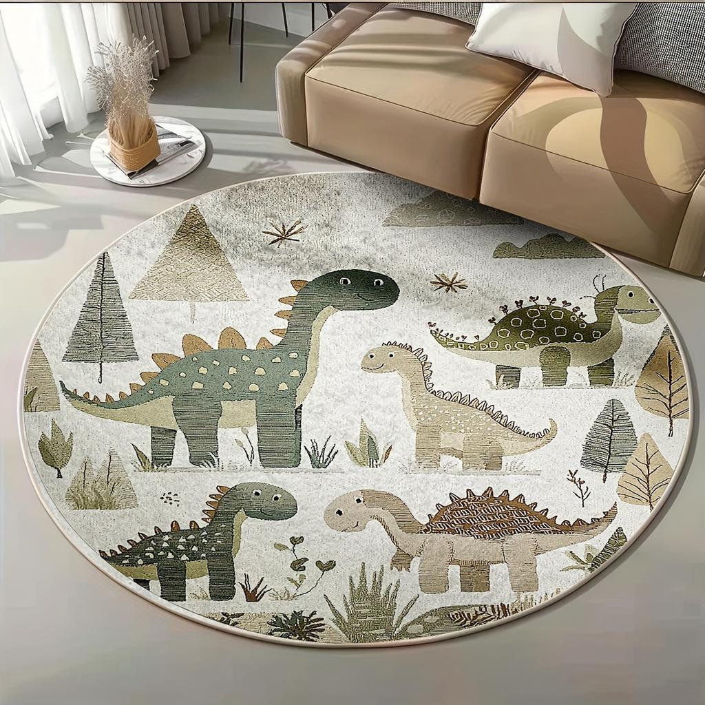 Round Cute Dinosaur Print Rug Non-slip Floor Mat for Kids Room Bedroom Playroom Home Decoration