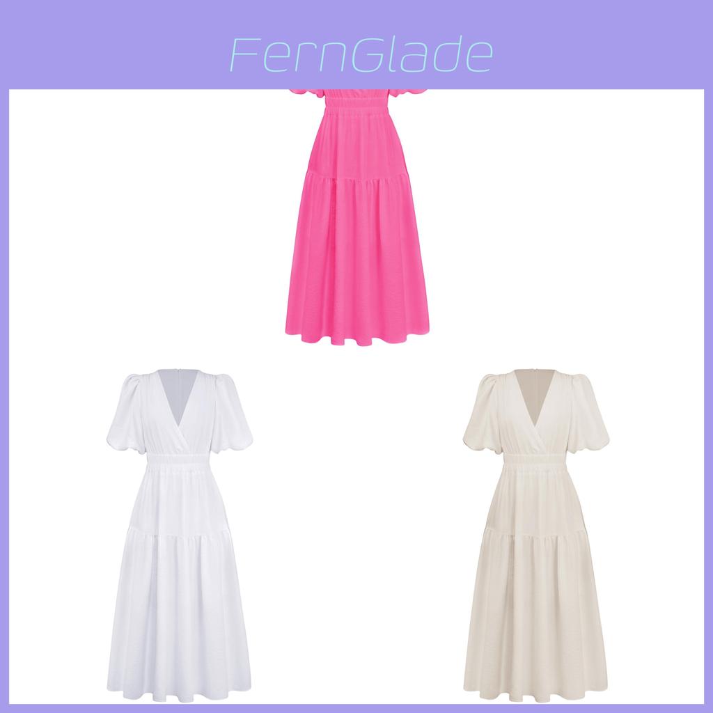 Summer Elegant Deep V Bubble Sleeve Maxi Dress With Pleated Fabric For Women