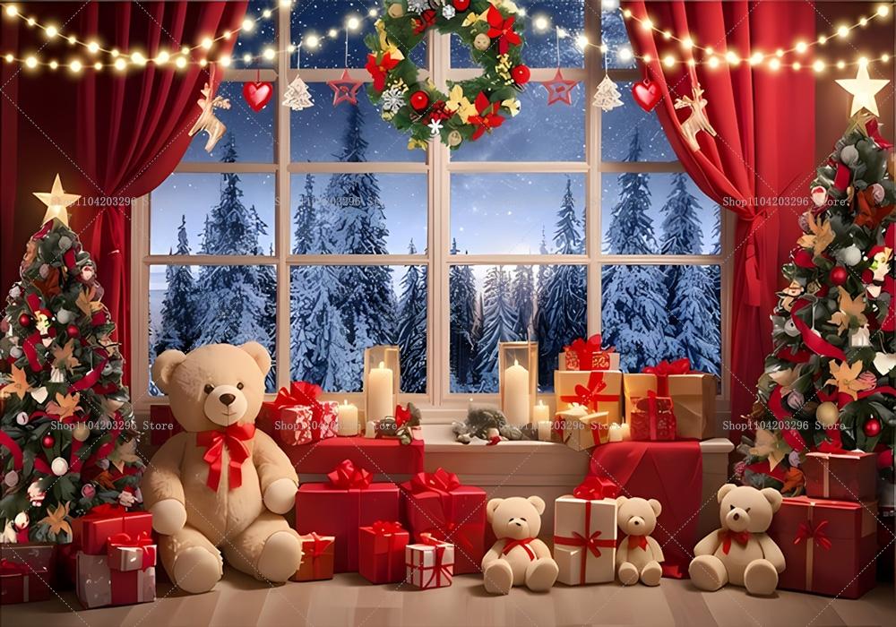 Winterfenster Weihnachten Kulisse Kamin Weihnachtsbaum Geschenke Teddybär Navidad Party Dekoration Kinder Porträt Fotografie Hintergrund