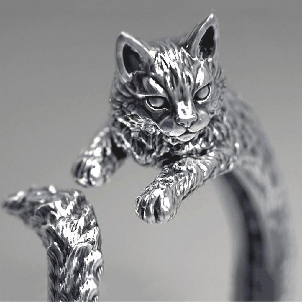 Vintage Thai Cat Ring Pet Live Mouth Ring Adjustable Ring Female